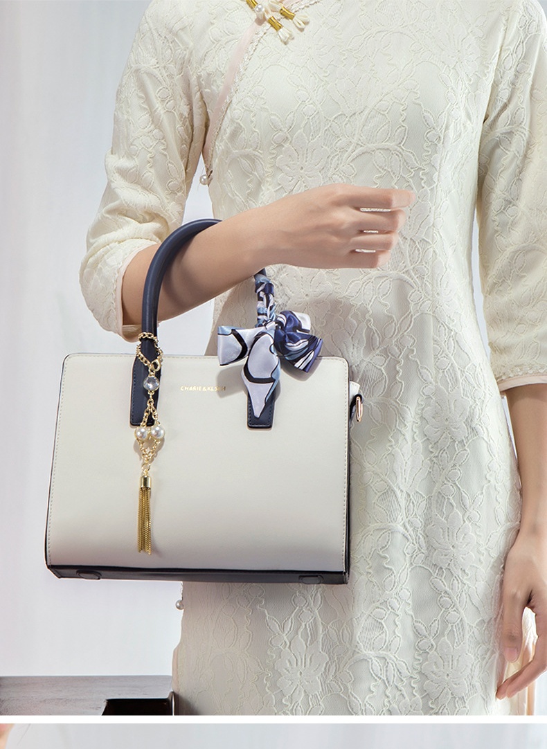 2025 New Faux Leather Satchel Handbag with Pearl Tassel Charm